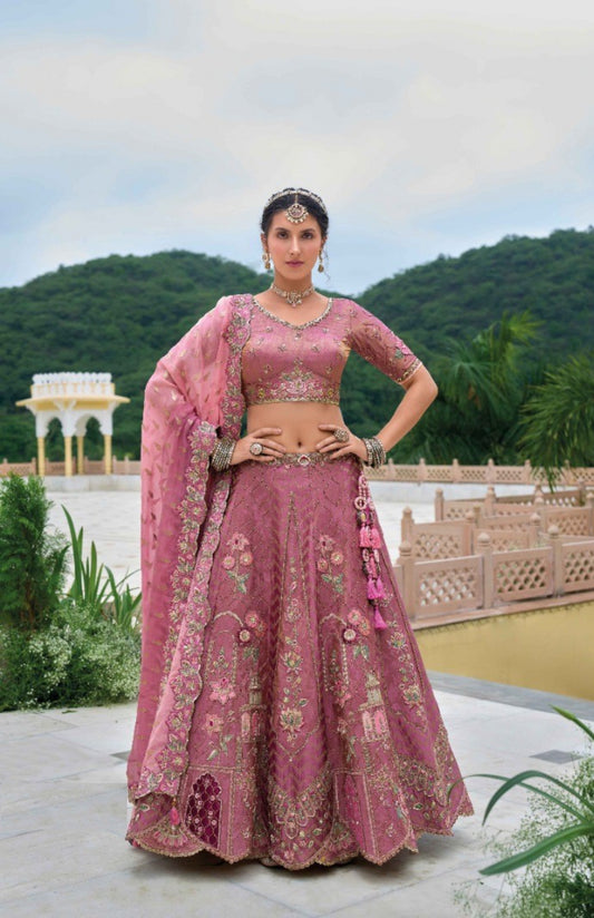 Stunnig Mauve Silk Bridal Lehenga With Embroidery Work