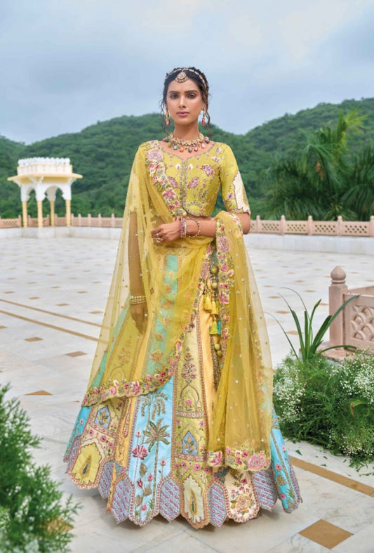Fantastic Green Multi Silk Bridal Lehenga With Embroidery Work