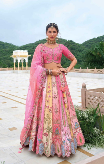 Beautiful Pink Multi Silk Bridal Lehenga With Embroidery Work