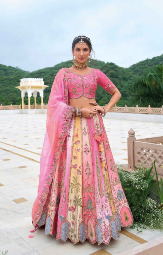 Beautiful Pink Multi Silk Bridal Lehenga With Embroidery Work