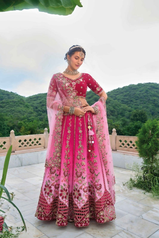 Amazing Pink And Maroon Silk Bridal Lehenga With Embroidery Work