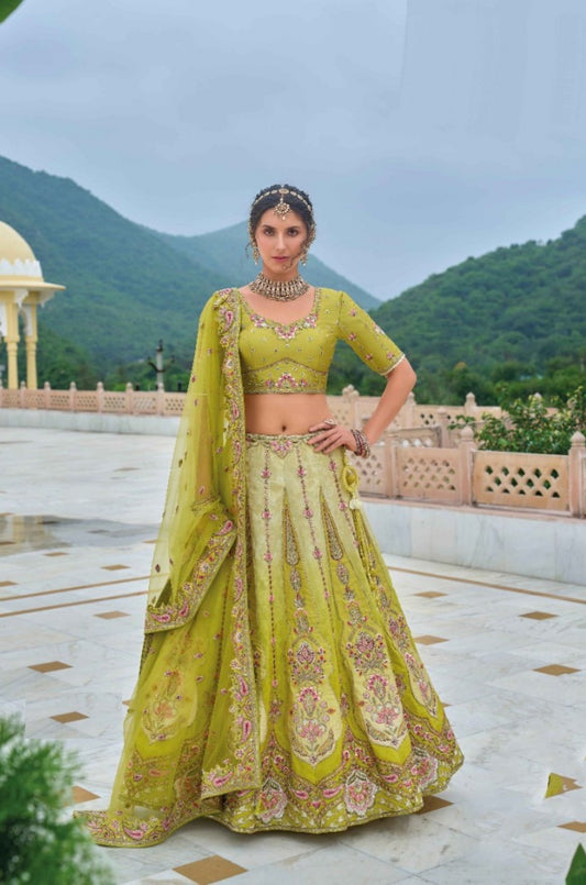 Lustrous Pista Green Silk Bridal Lehenga With Embroidery Work