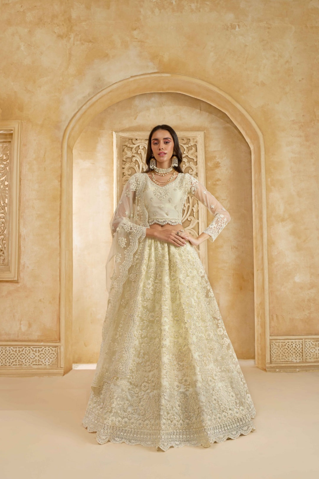 Chic Off White Net With Embroidery Work Gliterring Lehenga