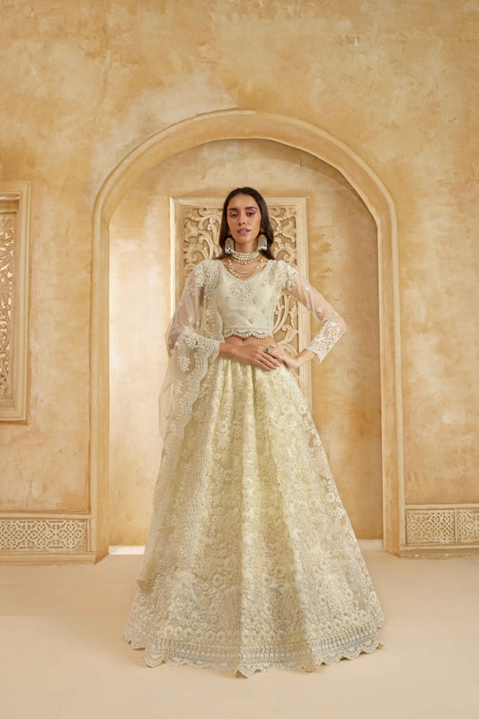 Chic Off White Net With Embroidery Work Gliterring Lehenga