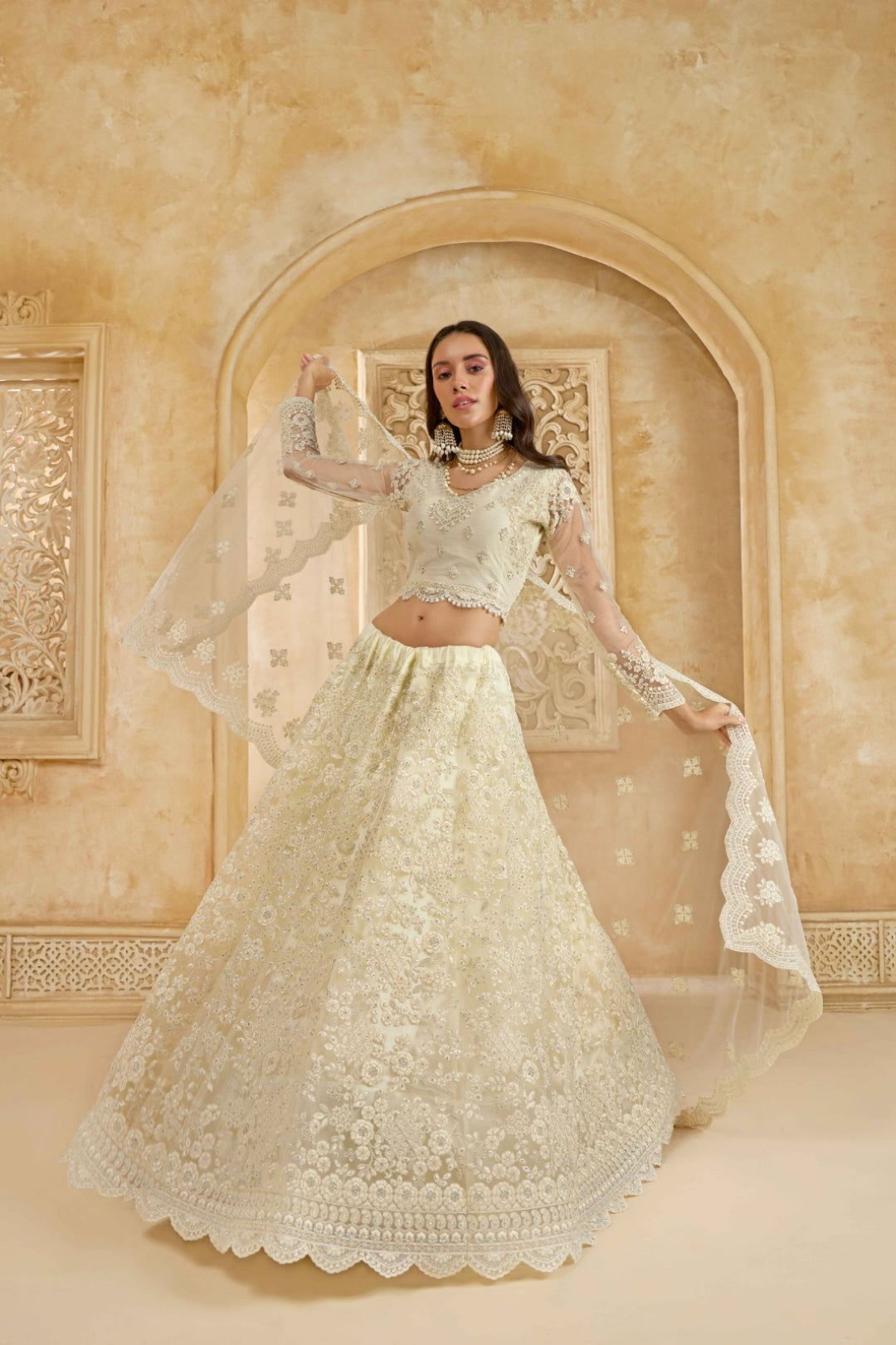 Chic Off White Net With Embroidery Work Gliterring Lehenga