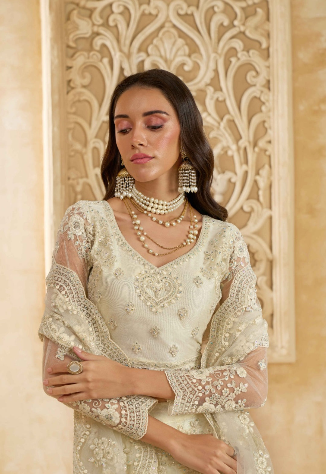 Chic Off White Net With Embroidery Work Gliterring Lehenga