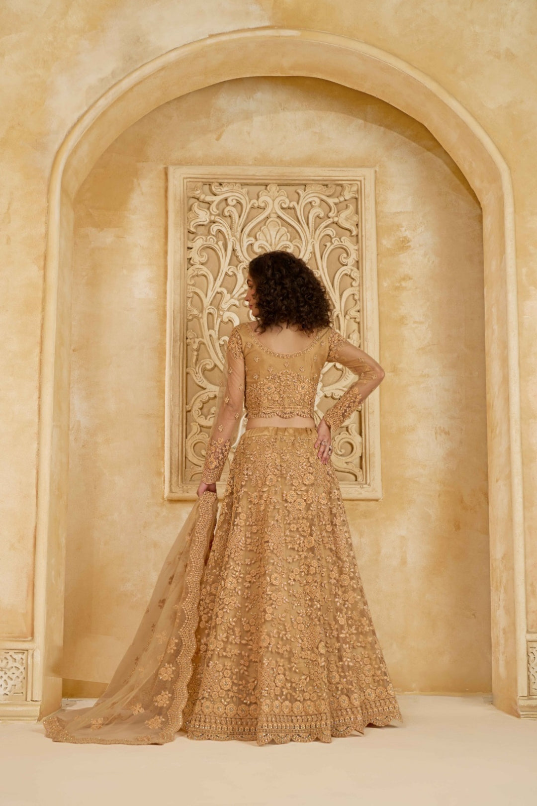 Elegant Beige Net With Embroidery Work Gliterring Lehenga