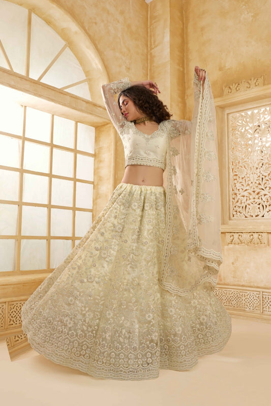Timeless Off White Net With Embroidery Work Gliterring Lehenga
