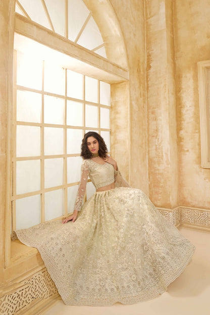 Timeless Off White Net With Embroidery Work Gliterring Lehenga