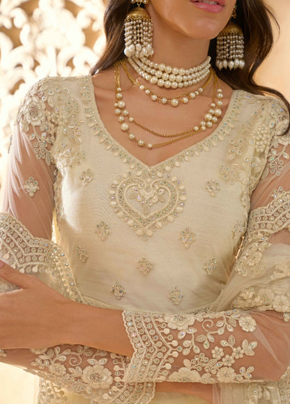 Timeless Off White Net With Embroidery Work Gliterring Lehenga