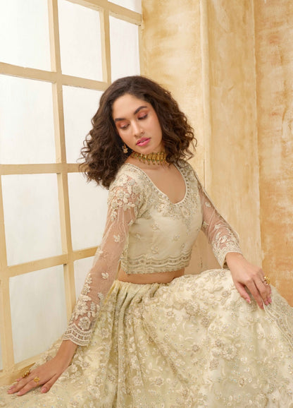Timeless Off White Net With Embroidery Work Gliterring Lehenga