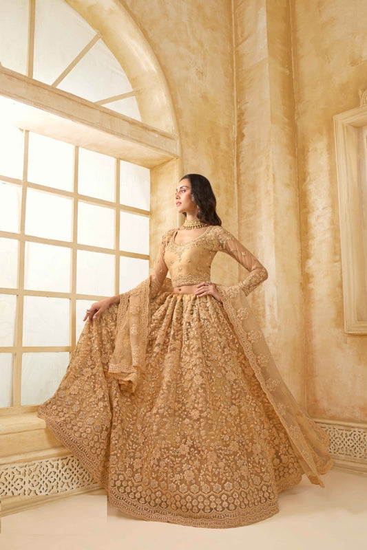 Sophisticated Beige Net With Embroidery Work Gliterring Lehenga