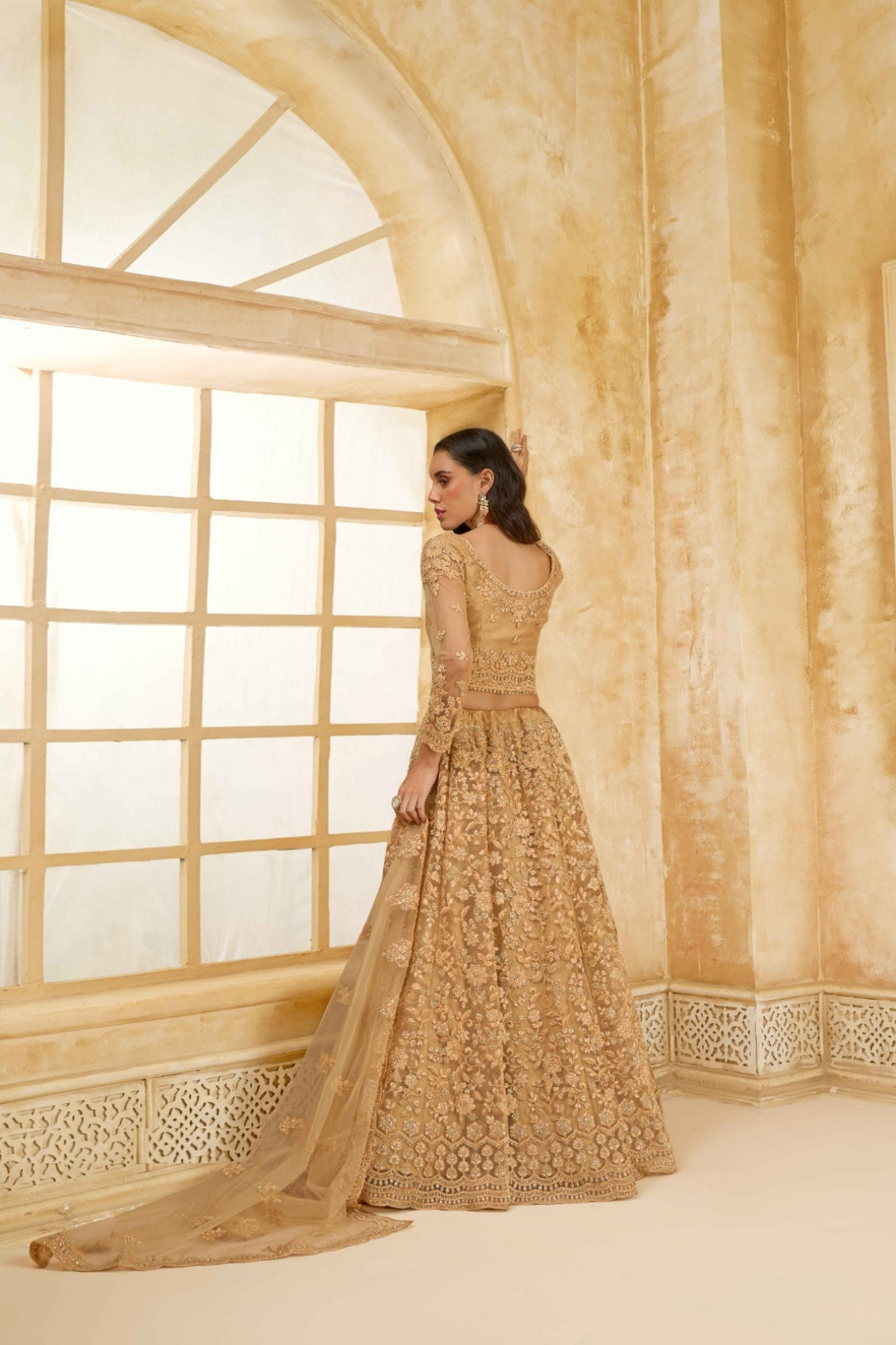 Sophisticated Beige Net With Embroidery Work Gliterring Lehenga