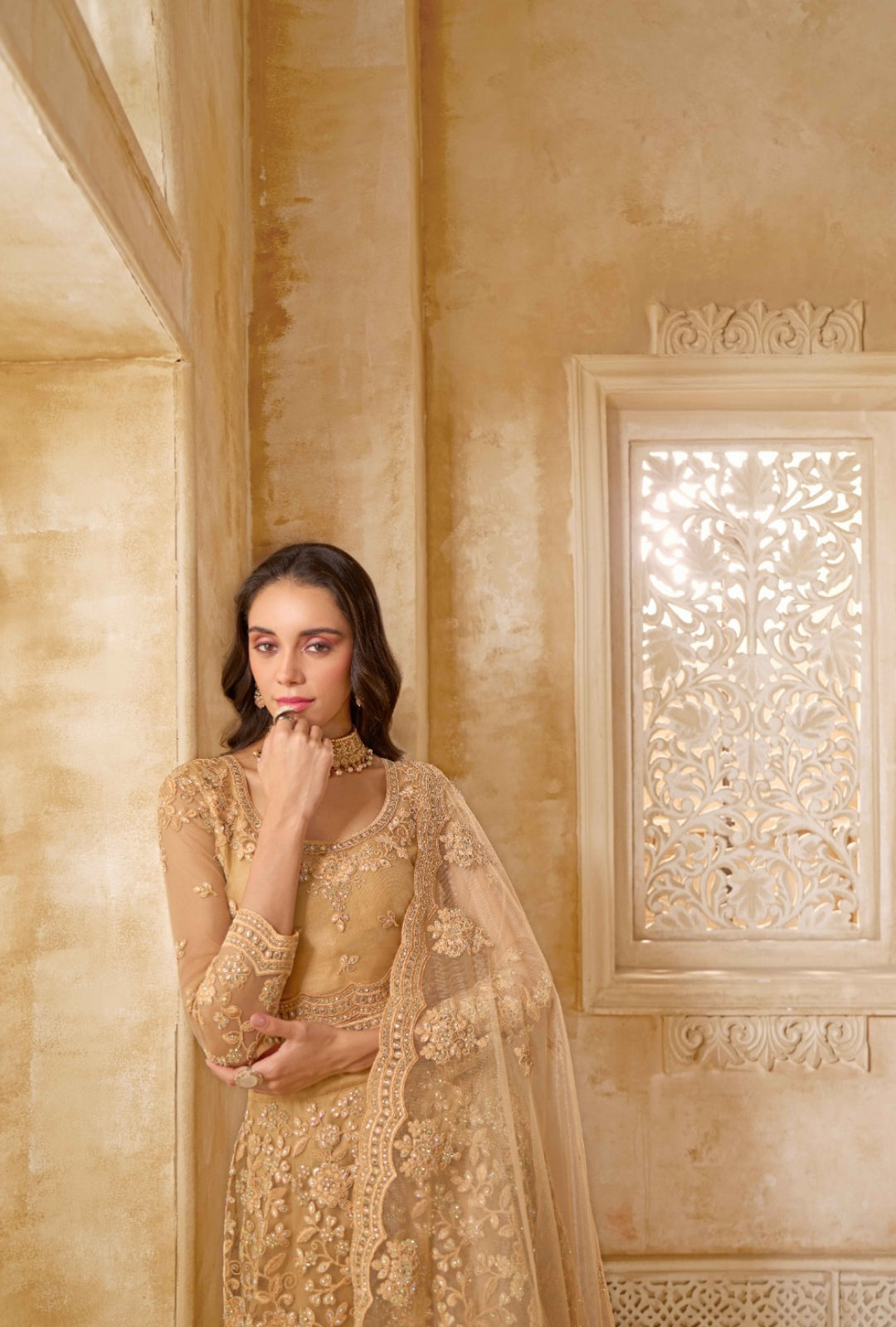 Sophisticated Beige Net With Embroidery Work Gliterring Lehenga