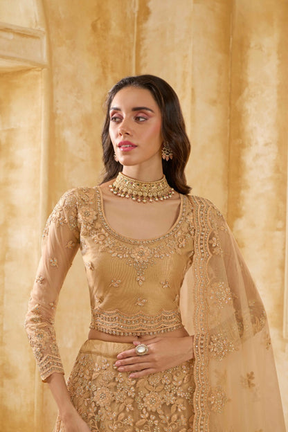 Sophisticated Beige Net With Embroidery Work Gliterring Lehenga