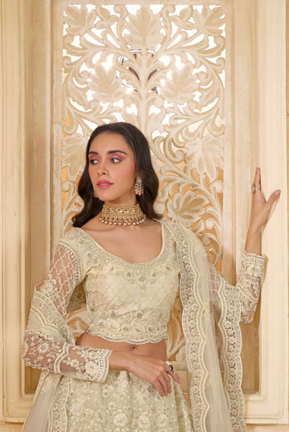 Luxurious Off White Net With Embroidery Work Gliterring Lehenga