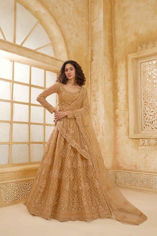 Refined Beige Net With Embroidery Work Gliterring Lehenga