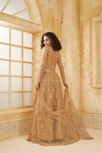 Refined Beige Net With Embroidery Work Gliterring Lehenga