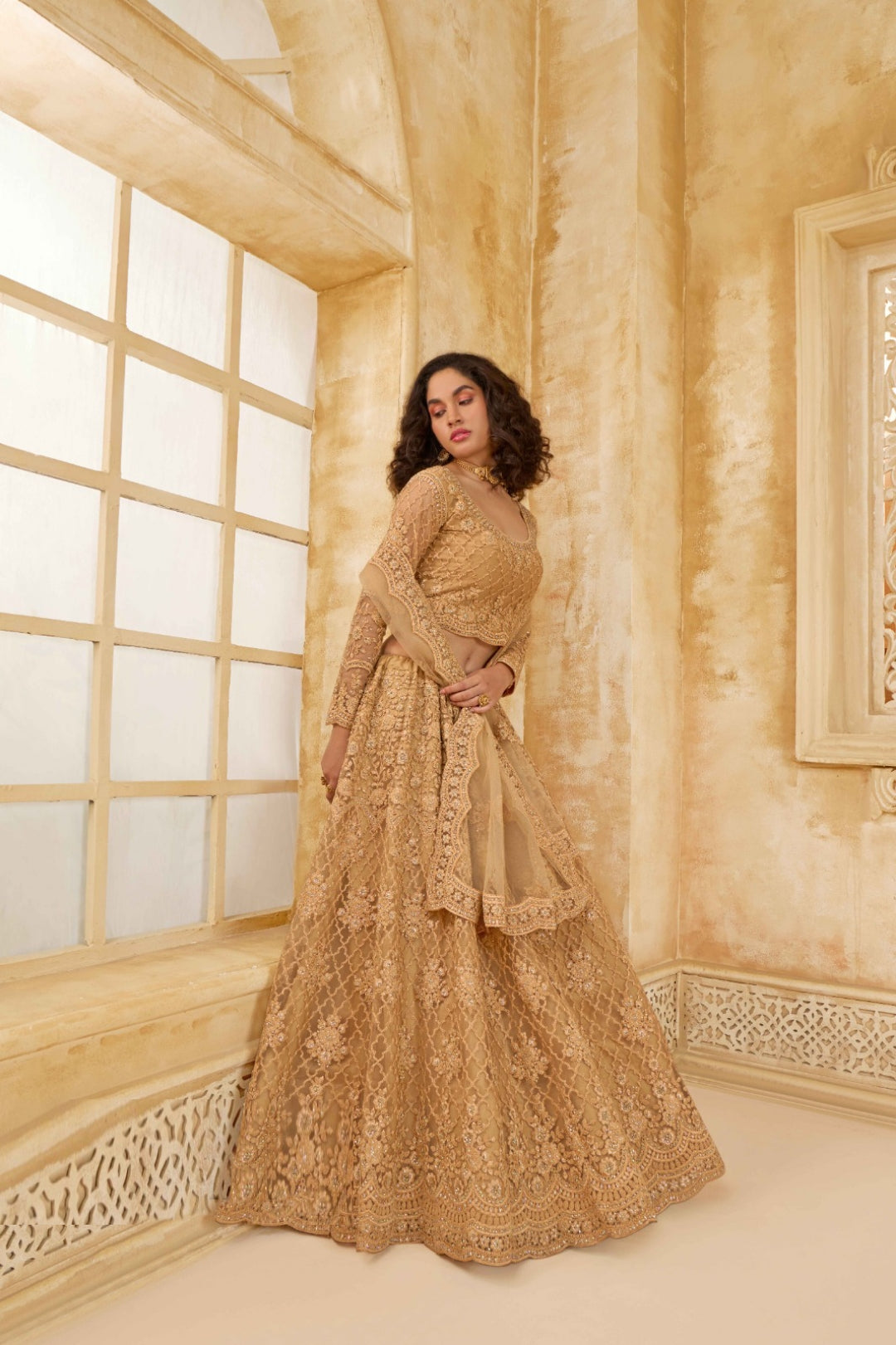 Refined Beige Net With Embroidery Work Gliterring Lehenga