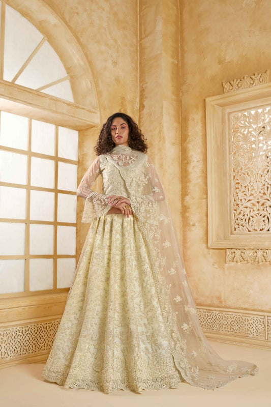 Tailored Off White Net With Embroidery Work Gliterring Lehenga