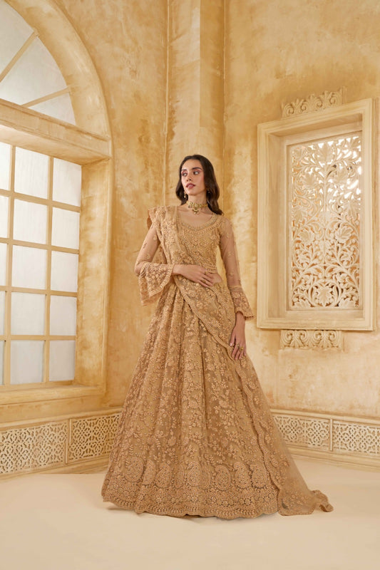 Polished Beige Net With Embroidery Work Gliterring Lehenga