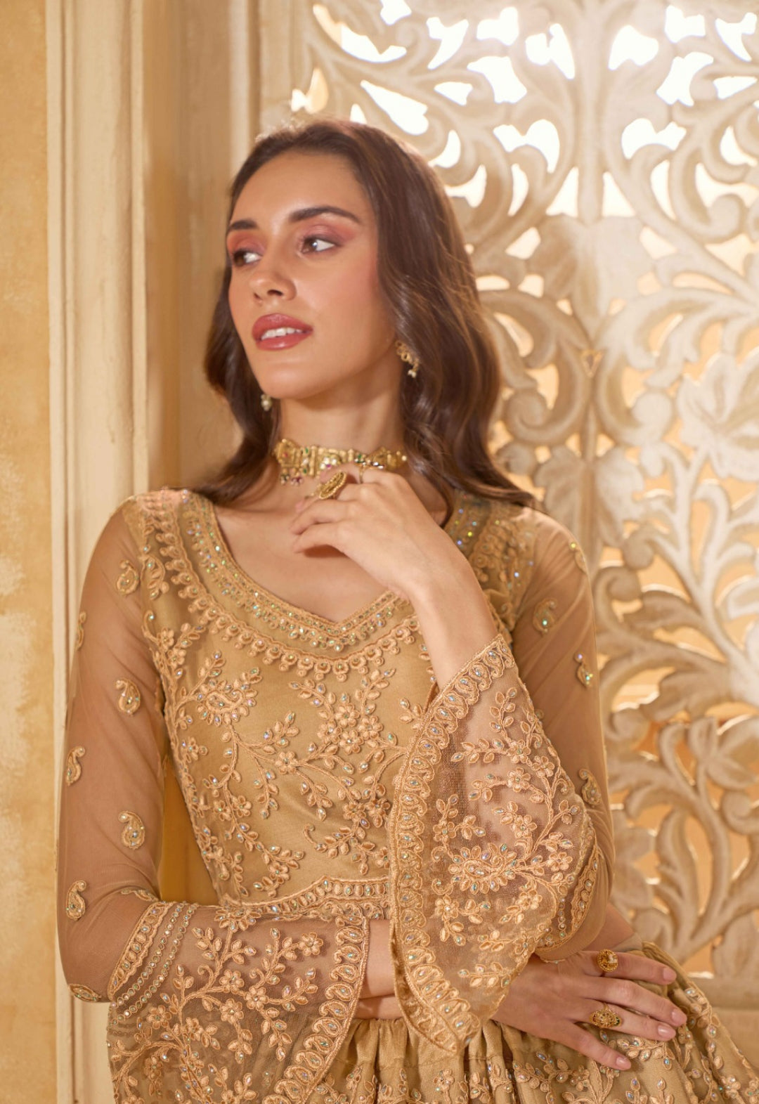 Polished Beige Net With Embroidery Work Gliterring Lehenga