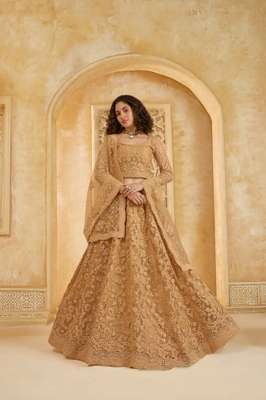 Graceful Beige Net With Embroidery Work Gliterring Lehenga