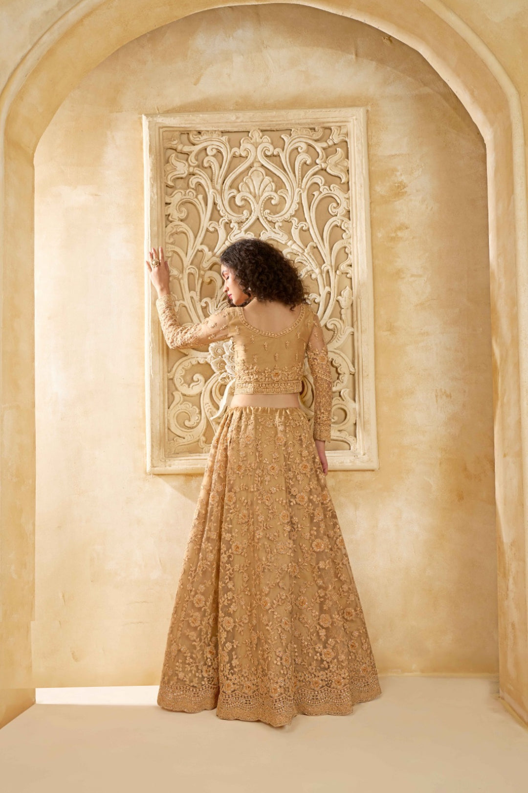 Graceful Beige Net With Embroidery Work Gliterring Lehenga