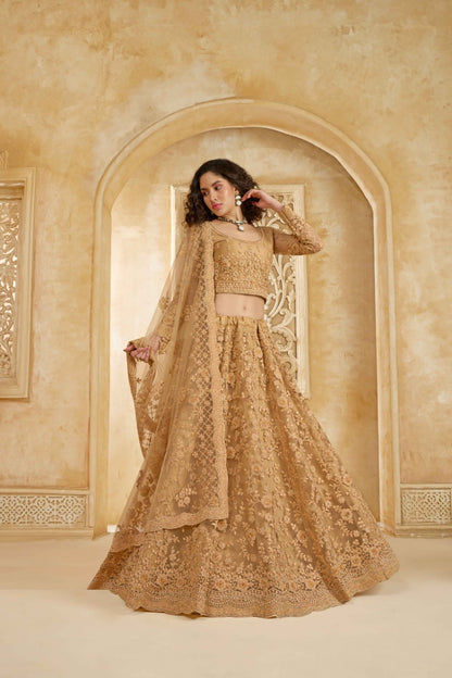 Graceful Beige Net With Embroidery Work Gliterring Lehenga