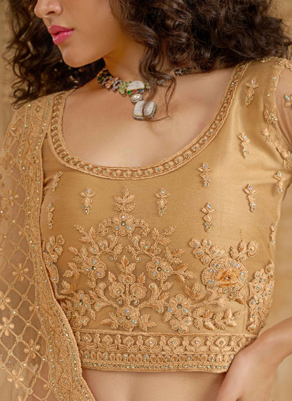 Graceful Beige Net With Embroidery Work Gliterring Lehenga
