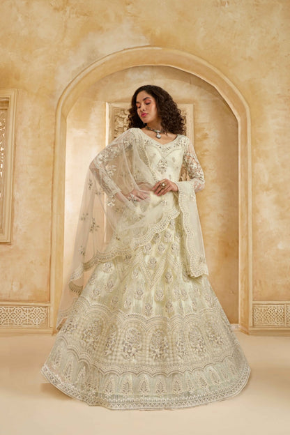 Trendy Off White Net With Embroidery Work Gliterring Lehenga