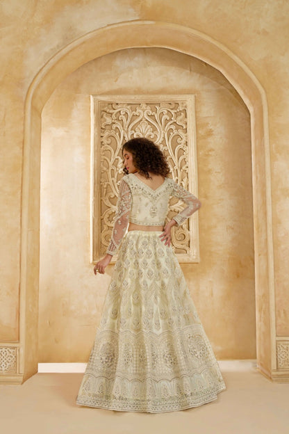 Trendy Off White Net With Embroidery Work Gliterring Lehenga