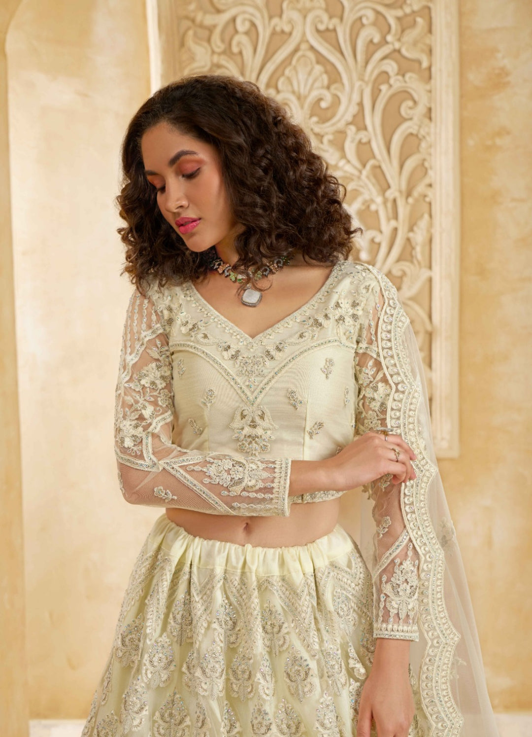 Trendy Off White Net With Embroidery Work Gliterring Lehenga