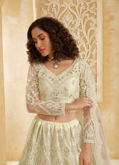 Trendy Off White Net With Embroidery Work Gliterring Lehenga