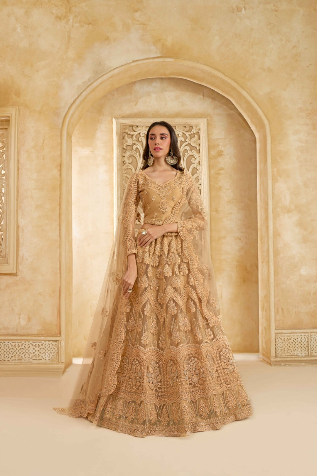 Dazzling Beige Net With Embroidery Work Gliterring Lehenga