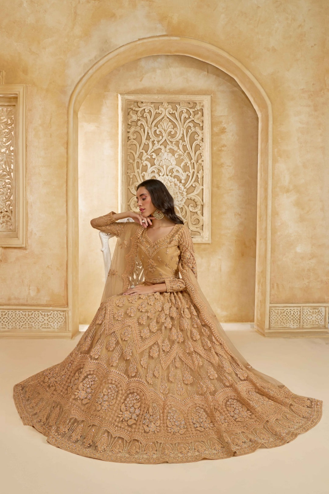 Dazzling Beige Net With Embroidery Work Gliterring Lehenga