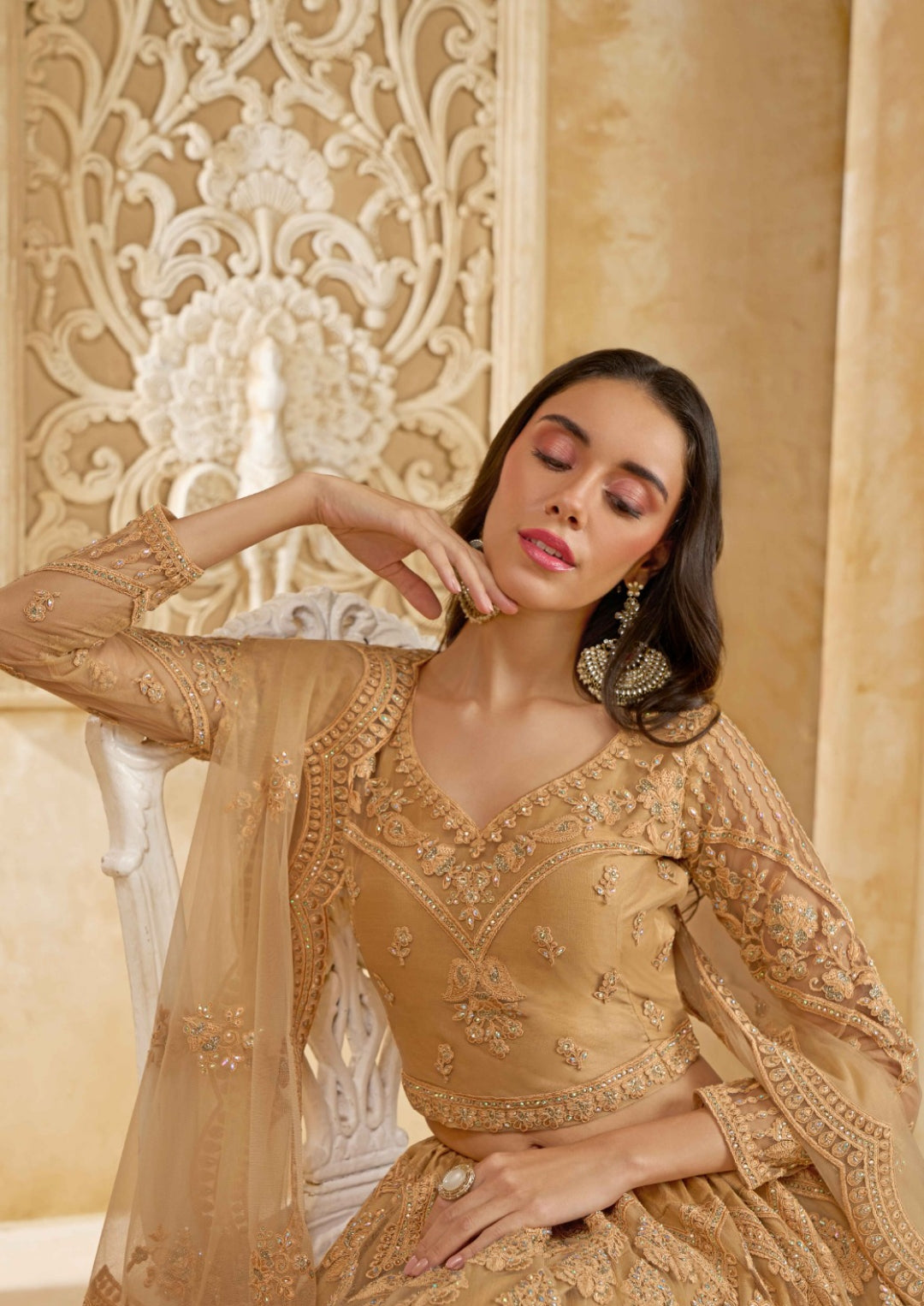 Dazzling Beige Net With Embroidery Work Gliterring Lehenga