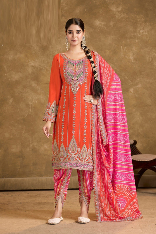 Classy Orange And Pink Premium Fiber Chinon Suit With Afghani Pant