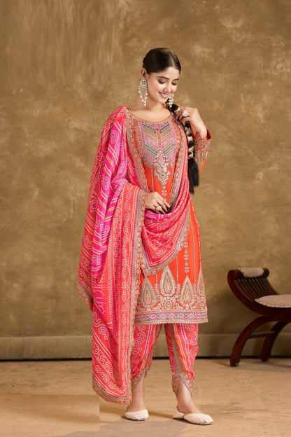 Classy Orange And Pink Premium Fiber Chinon Suit With Afghani Pant