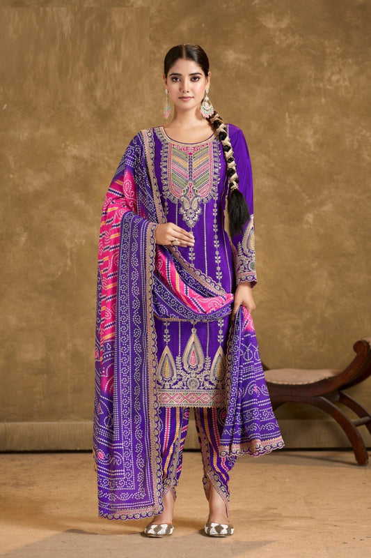 Trendy Purple Premium Fiber Chinnon Suit With Afghani Pant