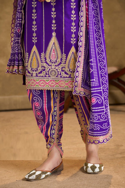 Trendy Purple Premium Fiber Chinnon Suit With Afghani Pant