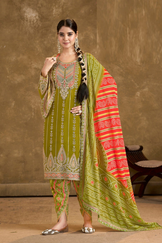 Alluring Green Premium Fiber Chinon Suit With Afghani Pant