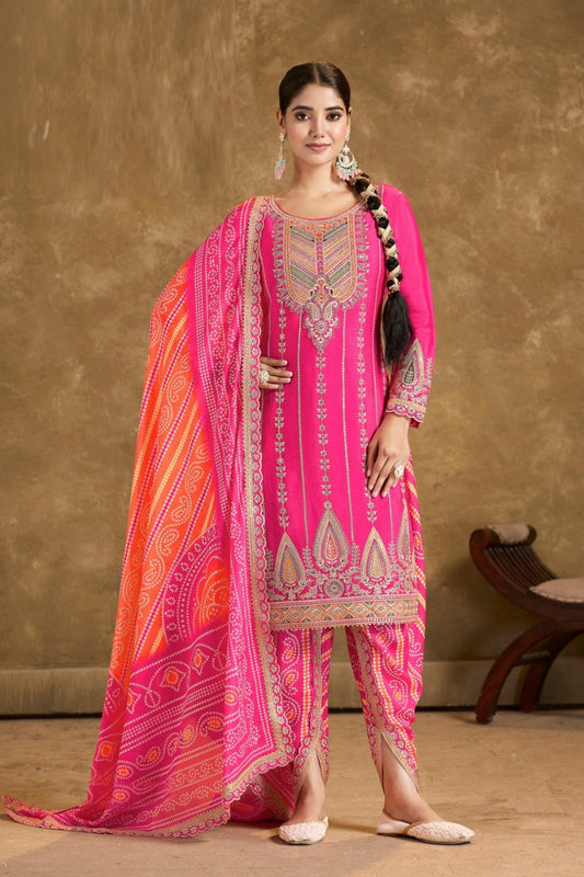 Polished Pink Premium Fiber Chinon Suit With Afghani Pant