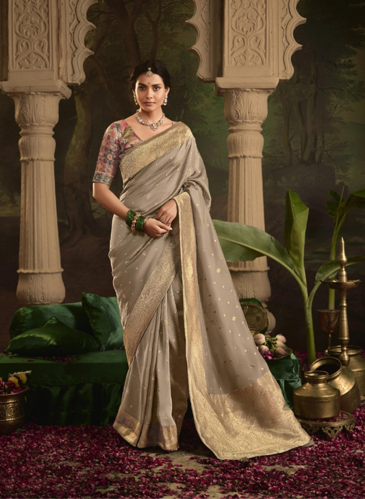 Contemporary Grey Crepe Dola Silk Saree