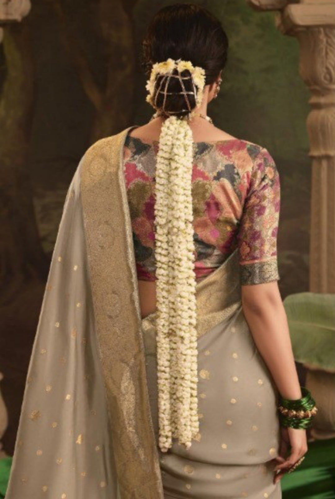 Contemporary Grey Crepe Dola Silk Saree