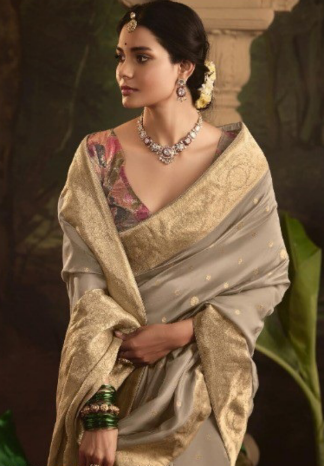 Contemporary Grey Crepe Dola Silk Saree