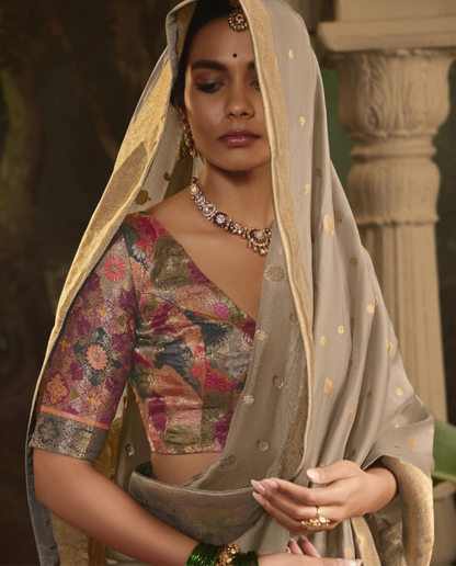 Contemporary Grey Crepe Dola Silk Saree
