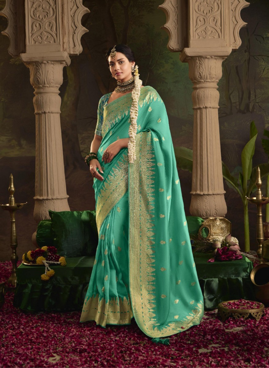 Understated Rama Green Crepe Dola Silk Saree
