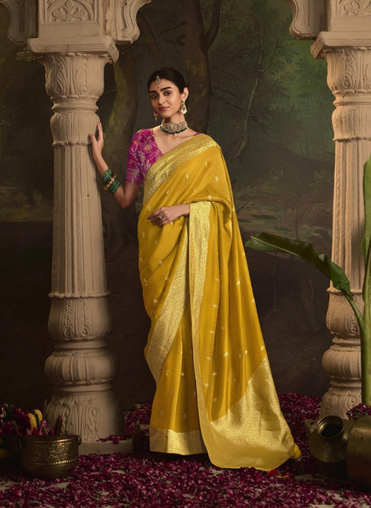 Alluring Mustard And Pink Crepe Dola Silk Saree