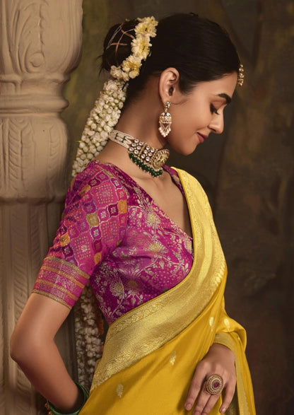 Alluring Mustard And Pink Crepe Dola Silk Saree